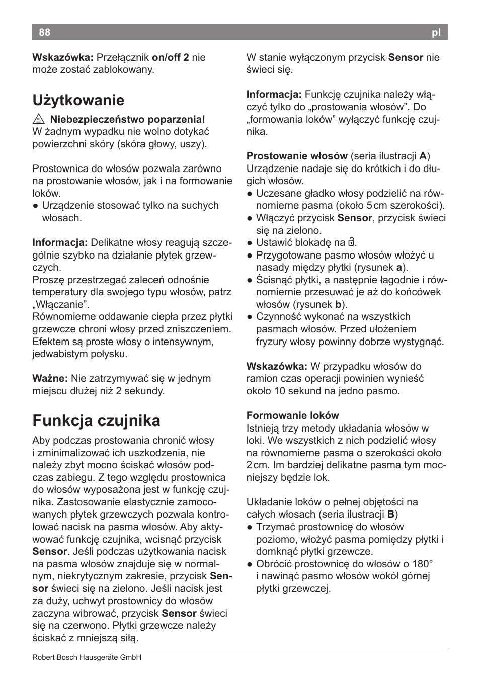 Funkcja czujnika, Użytkowanie | Bosch PHS8667 Haarglätter ProSalon SensorProtection User Manual | Page 92 / 134