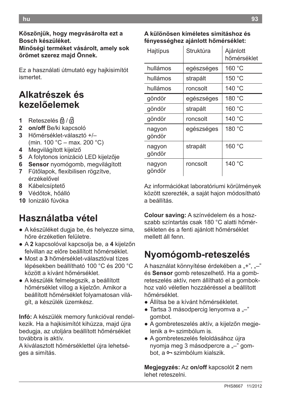 Alkatrészek és kezelőelemek, Használatba vétel, Nyomógomb-reteszelés | Bosch PHS8667 Haarglätter ProSalon SensorProtection User Manual | Page 97 / 134
