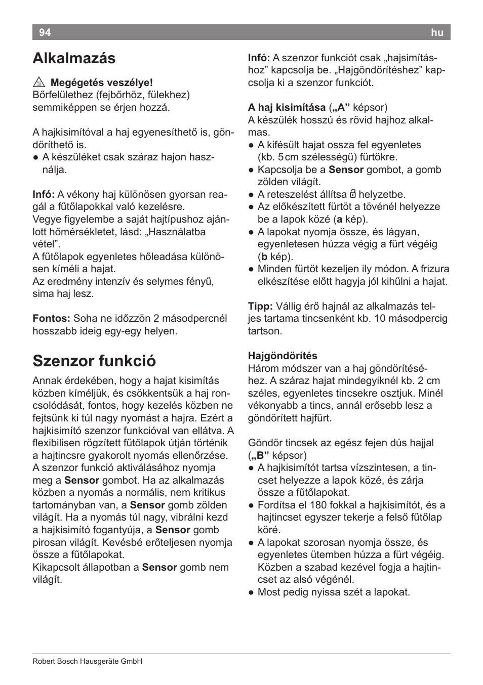 Szenzor funkció, Alkalmazás | Bosch PHS8667 Haarglätter ProSalon SensorProtection User Manual | Page 98 / 134