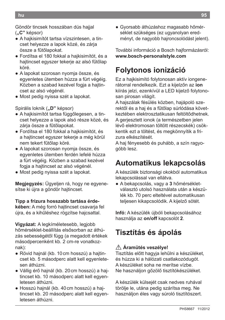 Folytonos ionizáció, Automatikus lekapcsolás, Tisztítás és ápolás | Bosch PHS8667 Haarglätter ProSalon SensorProtection User Manual | Page 99 / 134