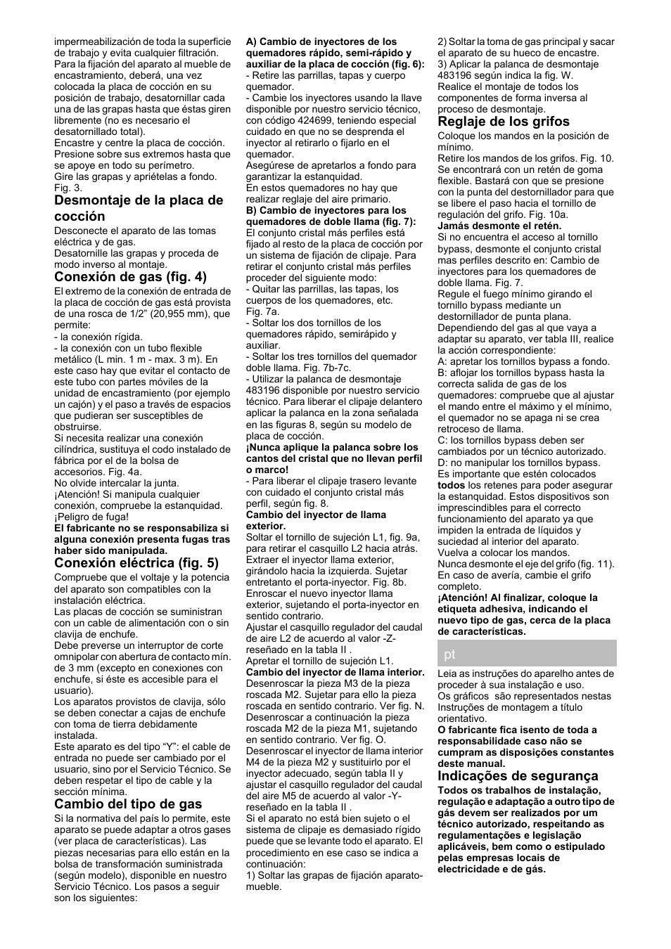 Desmontaje de la placa de cocción, Conexión de gas (fig. 4), Conexión eléctrica (fig. 5) | Cambio del tipo de gas, Reglaje de los grifos, Indicações de segurança | Bosch PRP626B70E Gas-Kochstelle Glaskeramik 60 cm User Manual | Page 12 / 24