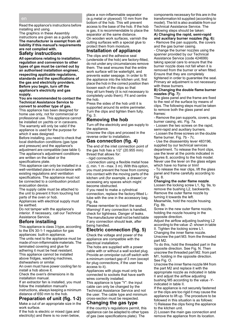 Safety instructions, Before installing, Preparation of unit (fig. 1-2) | Installation of appliance, Removing the hob, Gas connection (fig. 4), Electric connection (fig. 5), Changing the gas type | Bosch PRP626B70E Gas-Kochstelle Glaskeramik 60 cm User Manual | Page 6 / 24