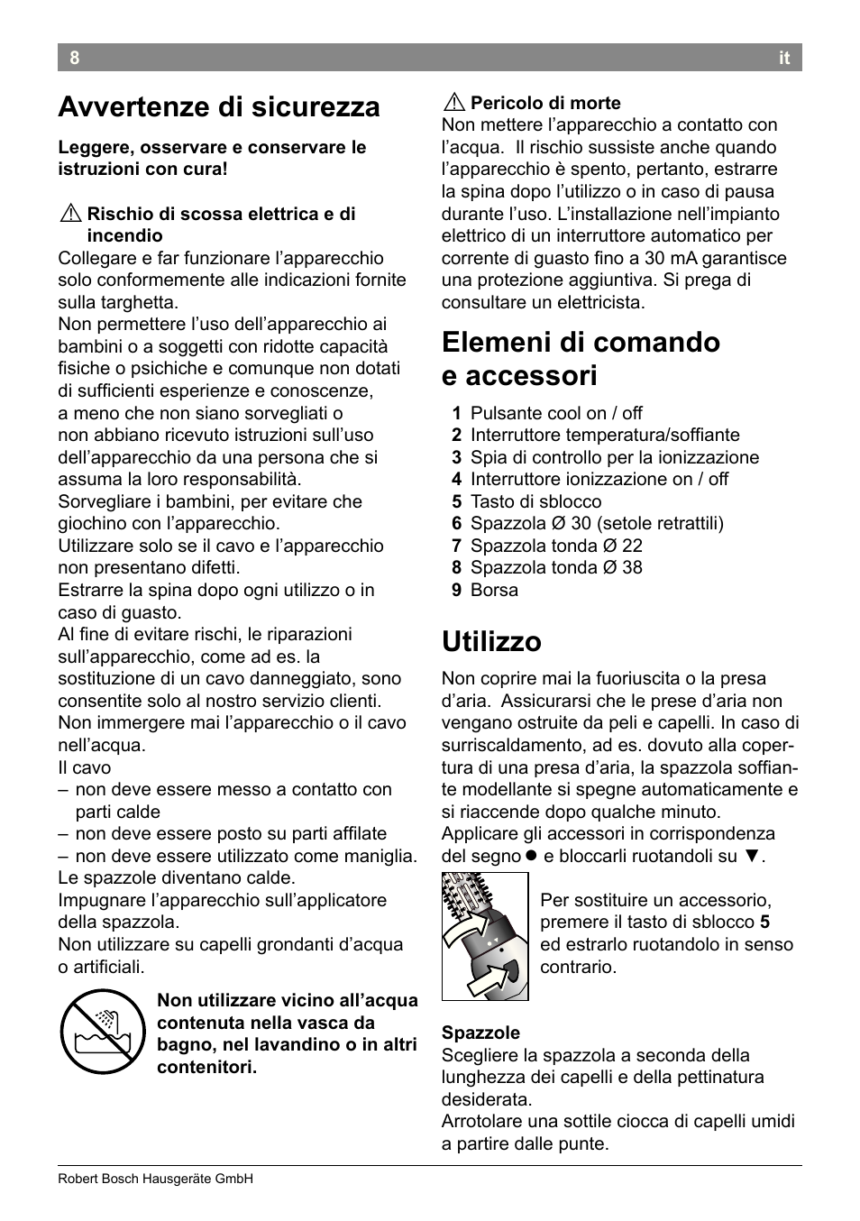 Avvertenze di sicurezza, Elemeni di comando e accessori, Utilizzo | Bosch PHA2662 Warmluftstylingbürste volume curl User Manual | Page 10 / 50