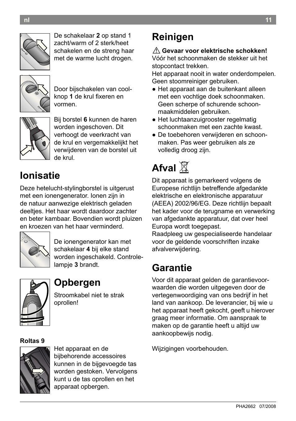 Ionisatie, Opbergen, Reinigen | Afval, Garantie | Bosch PHA2662 Warmluftstylingbürste volume curl User Manual | Page 13 / 50