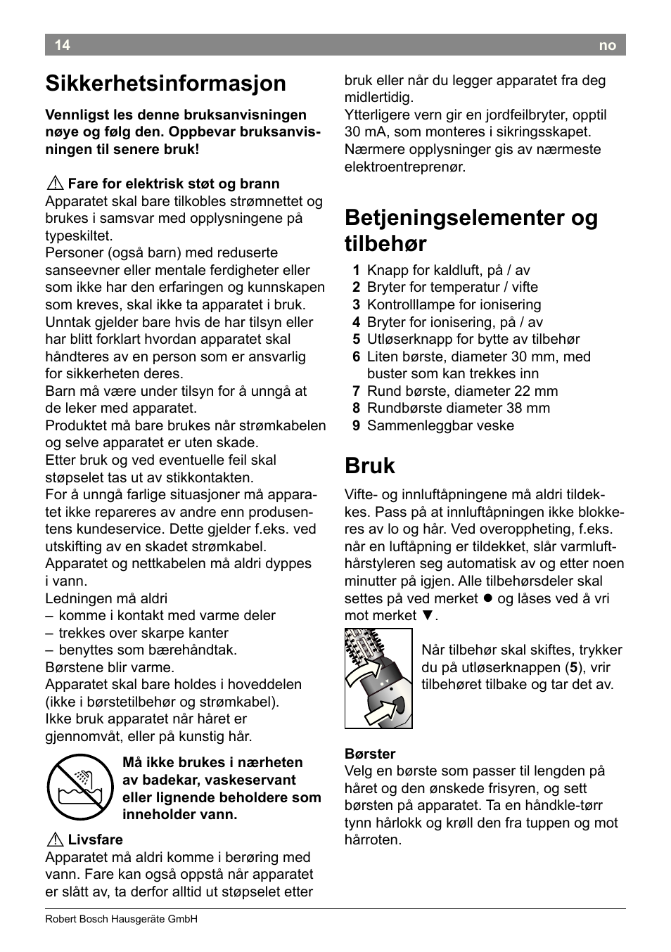 Sikkerhetsinformasjon, Betjeningselementer og tilbehør, Bruk | Bosch PHA2662 Warmluftstylingbürste volume curl User Manual | Page 16 / 50