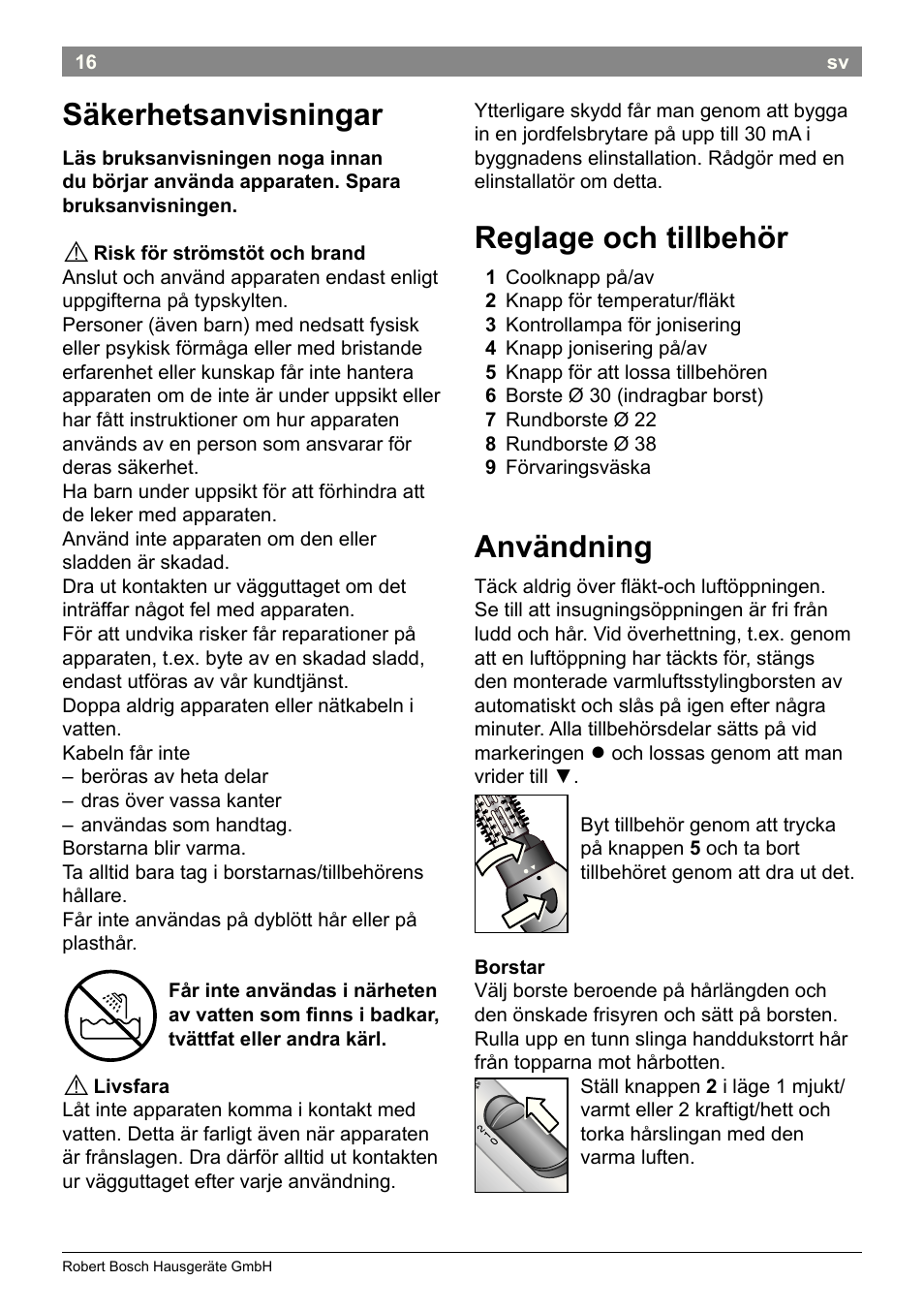 Säkerhetsanvisningar, Reglage och tillbehör, Användning | Bosch PHA2662 Warmluftstylingbürste volume curl User Manual | Page 18 / 50