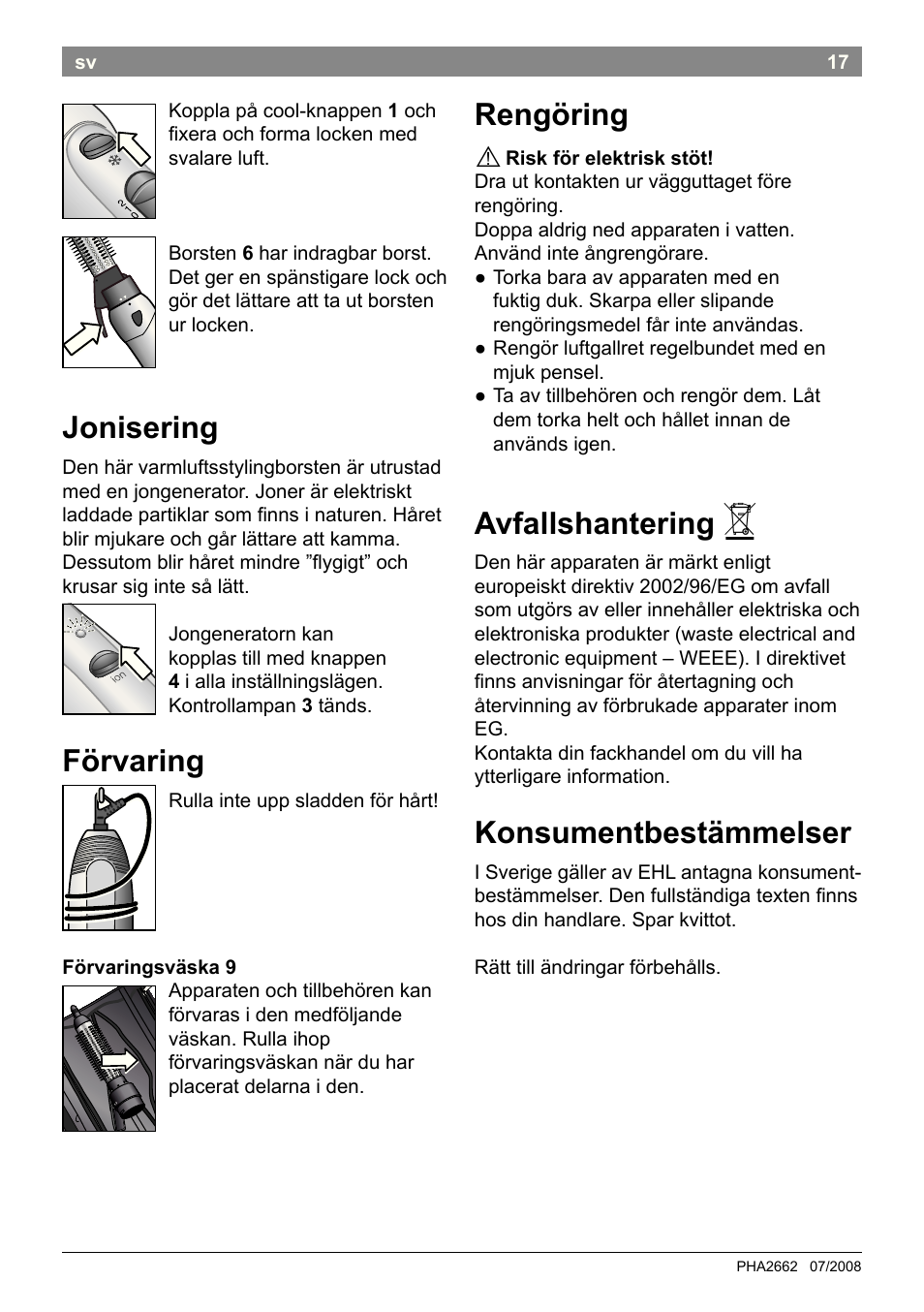 Jonisering, Förvaring, Rengöring | Avfallshantering, Konsumentbestämmelser | Bosch PHA2662 Warmluftstylingbürste volume curl User Manual | Page 19 / 50