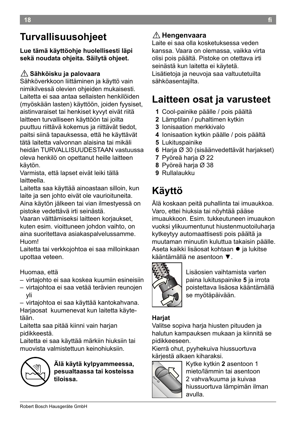 Turvallisuusohjeet, Laitteen osat ja varusteet, Käyttö | Bosch PHA2662 Warmluftstylingbürste volume curl User Manual | Page 20 / 50