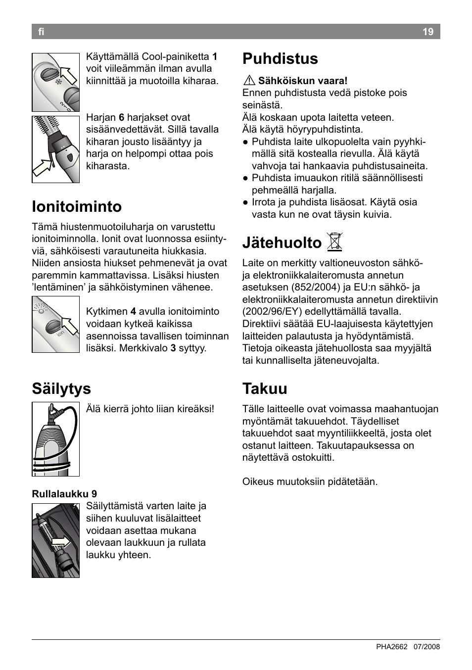 Puhdistus, Jätehuolto, Takuu | Ionitoiminto, Säilytys | Bosch PHA2662 Warmluftstylingbürste volume curl User Manual | Page 21 / 50