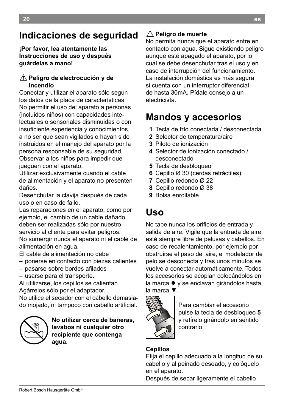 Indicaciones de seguridad, Mandos y accesorios | Bosch PHA2662 Warmluftstylingbürste volume curl User Manual | Page 22 / 50