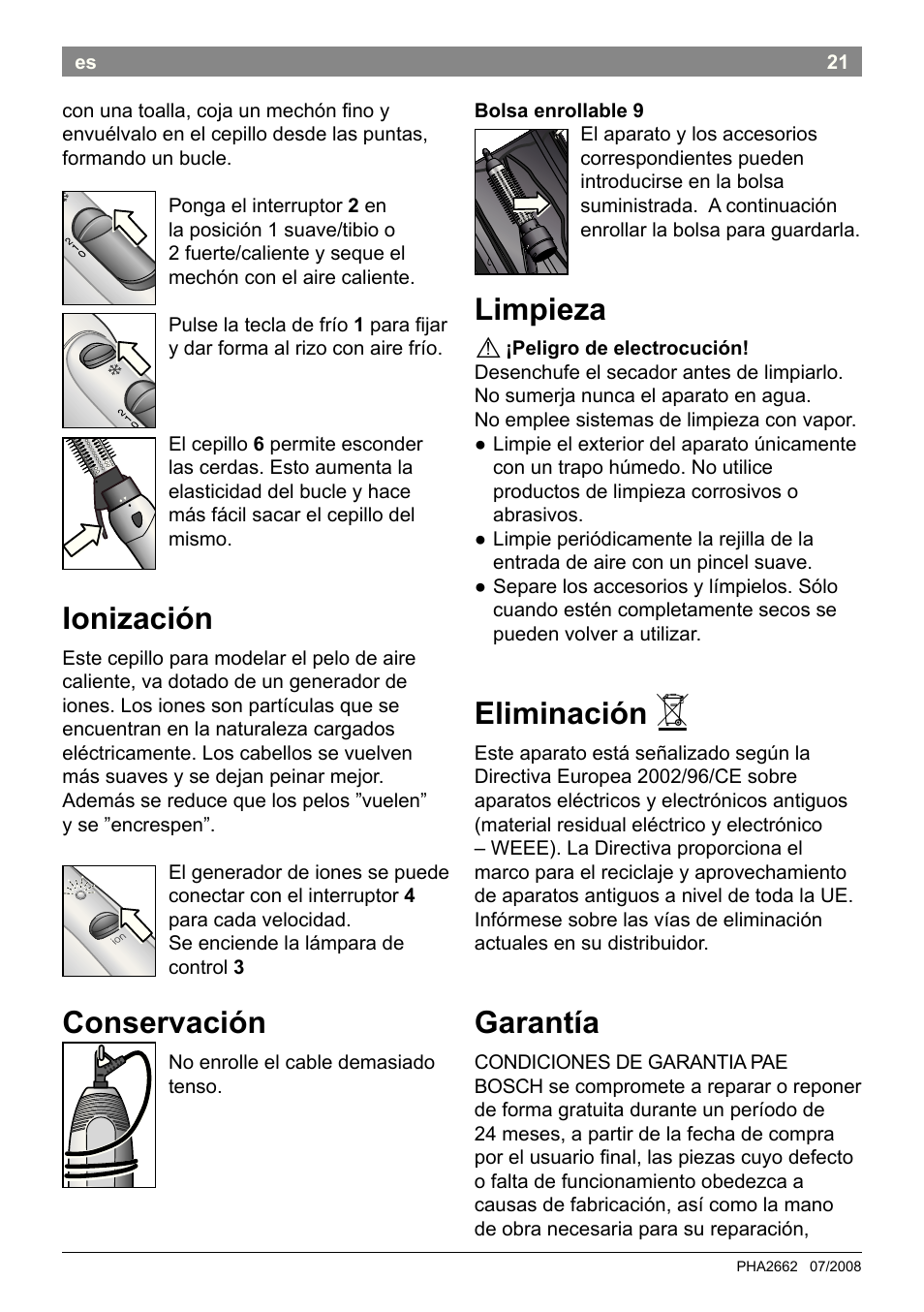 Ionización, Conservación, Limpieza | Eliminación, Garantía | Bosch PHA2662 Warmluftstylingbürste volume curl User Manual | Page 23 / 50