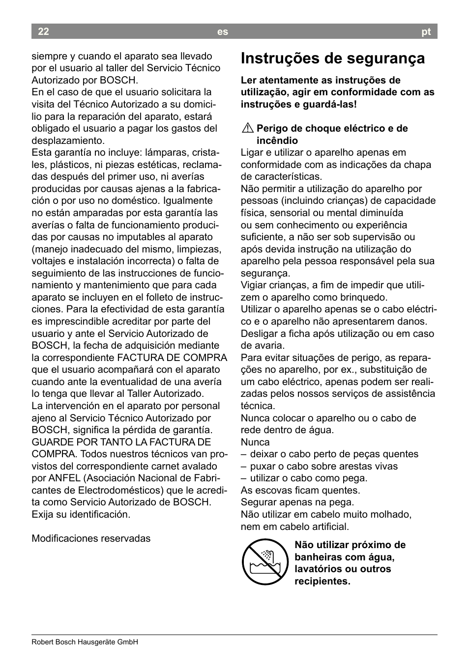 Instruções de segurança | Bosch PHA2662 Warmluftstylingbürste volume curl User Manual | Page 24 / 50