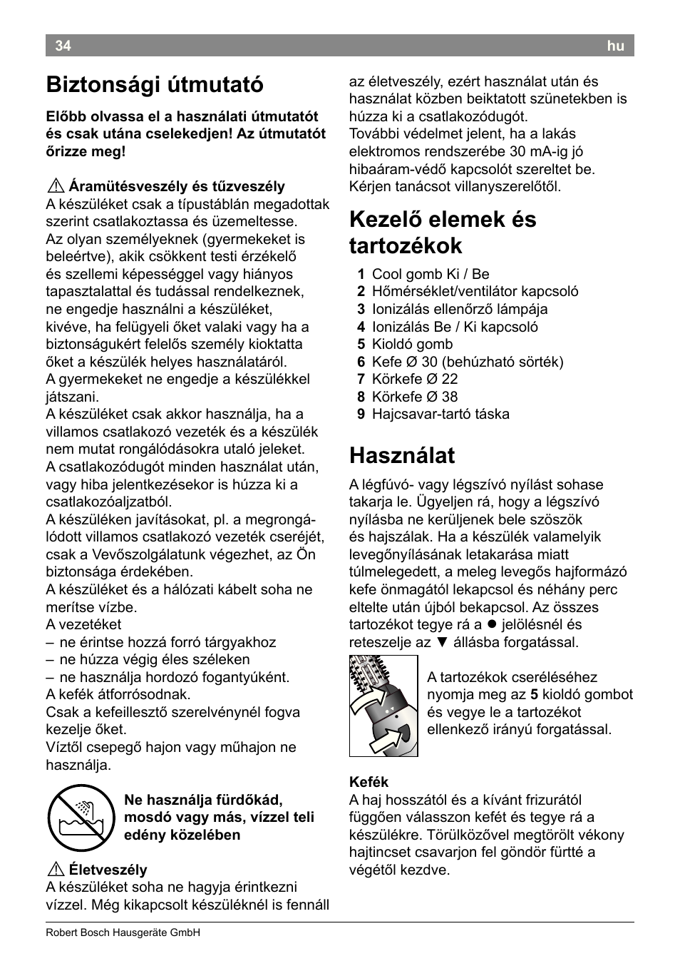 Biztonsági útmutató, Kezelő elemek és tartozékok, Használat | Bosch PHA2662 Warmluftstylingbürste volume curl User Manual | Page 36 / 50