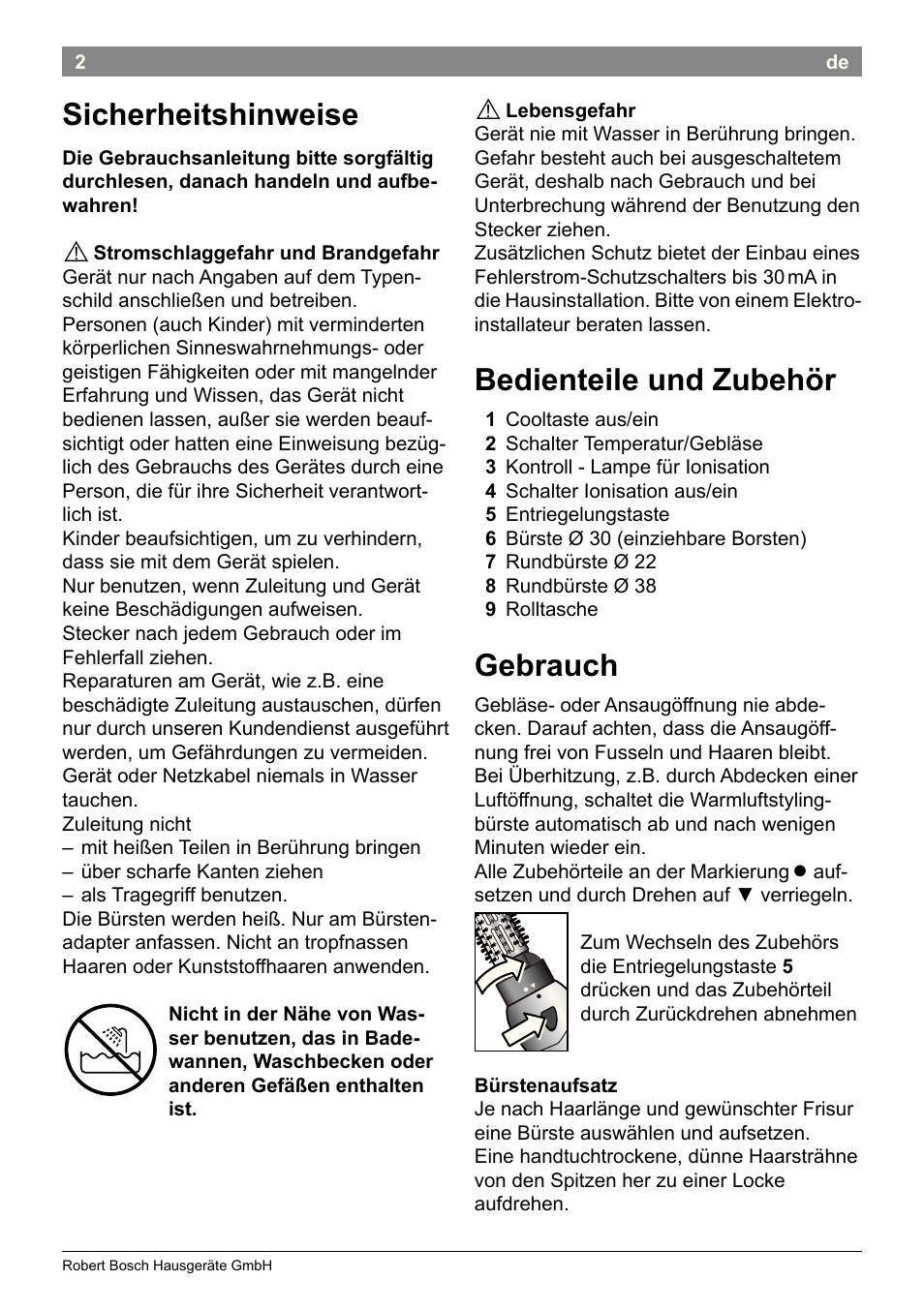 Sicherheitshinweise, Bedienteile und zubehör, Gebrauch | Bosch PHA2662 Warmluftstylingbürste volume curl User Manual | Page 4 / 50