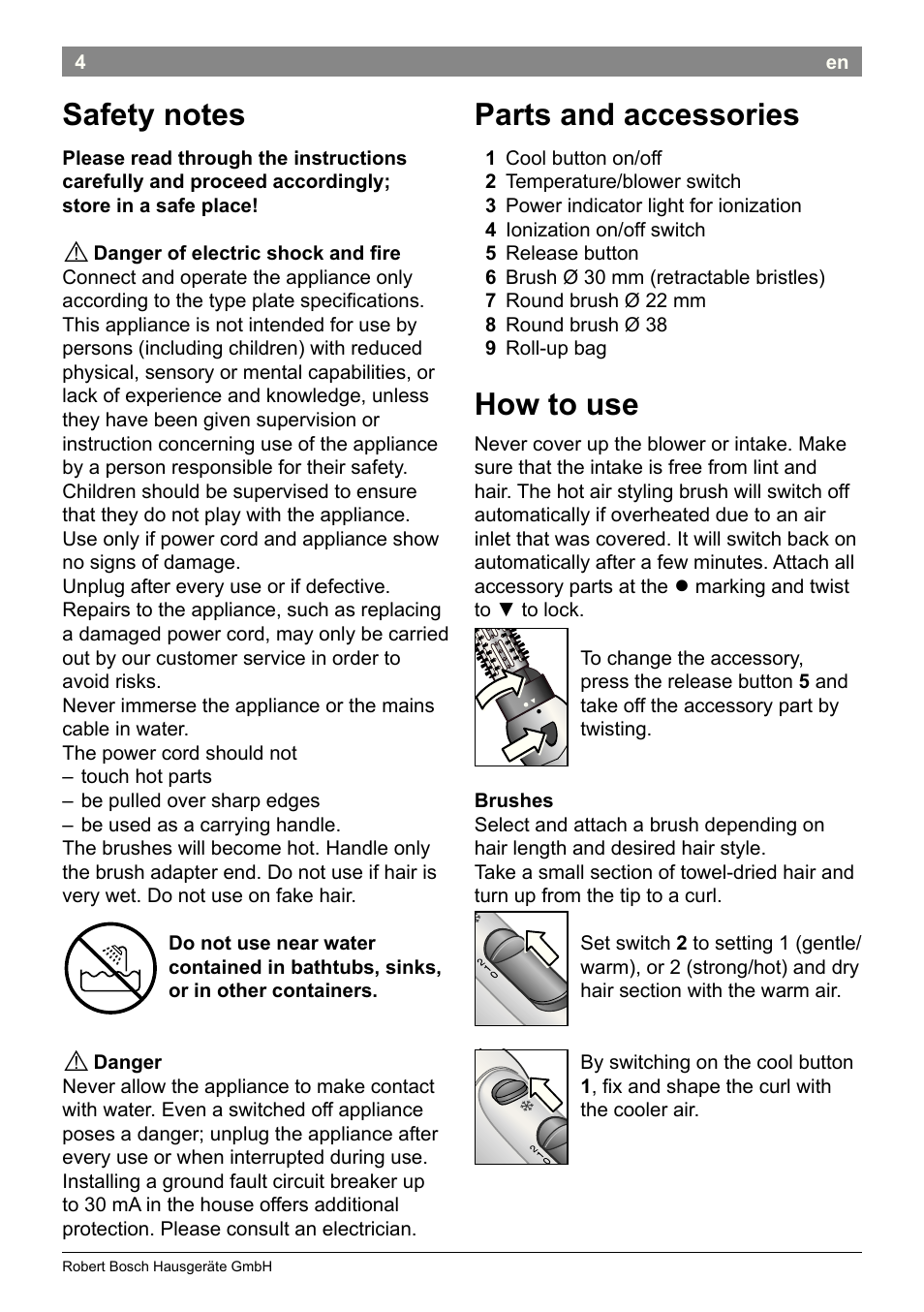 Parts and accessories, How to use | Bosch PHA2662 Warmluftstylingbürste volume curl User Manual | Page 6 / 50