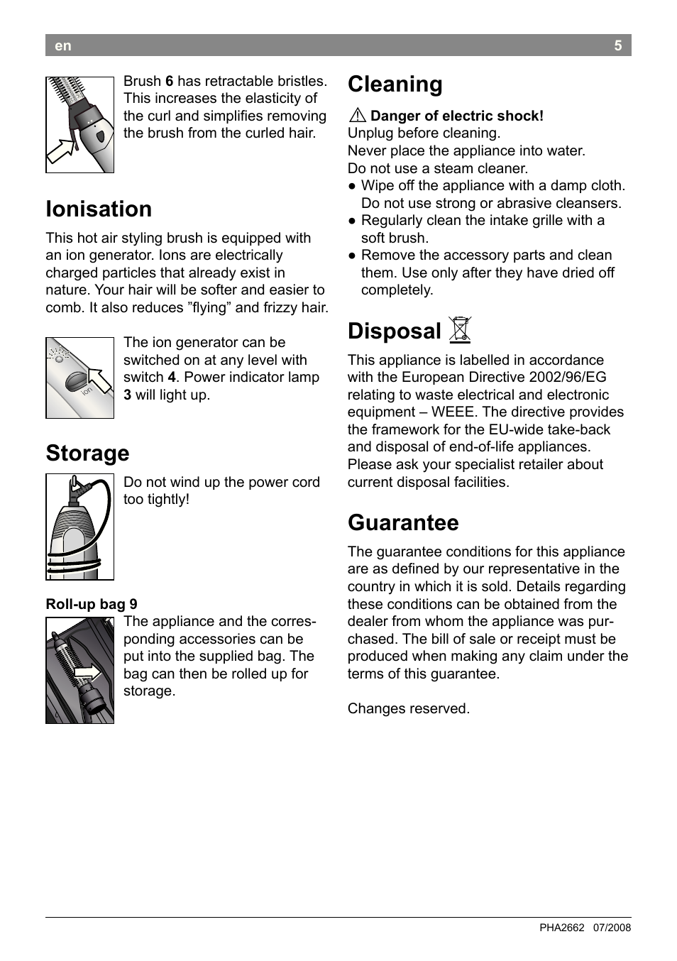 Ionisation, Storage, Cleaning | Disposal, Guarantee | Bosch PHA2662 Warmluftstylingbürste volume curl User Manual | Page 7 / 50