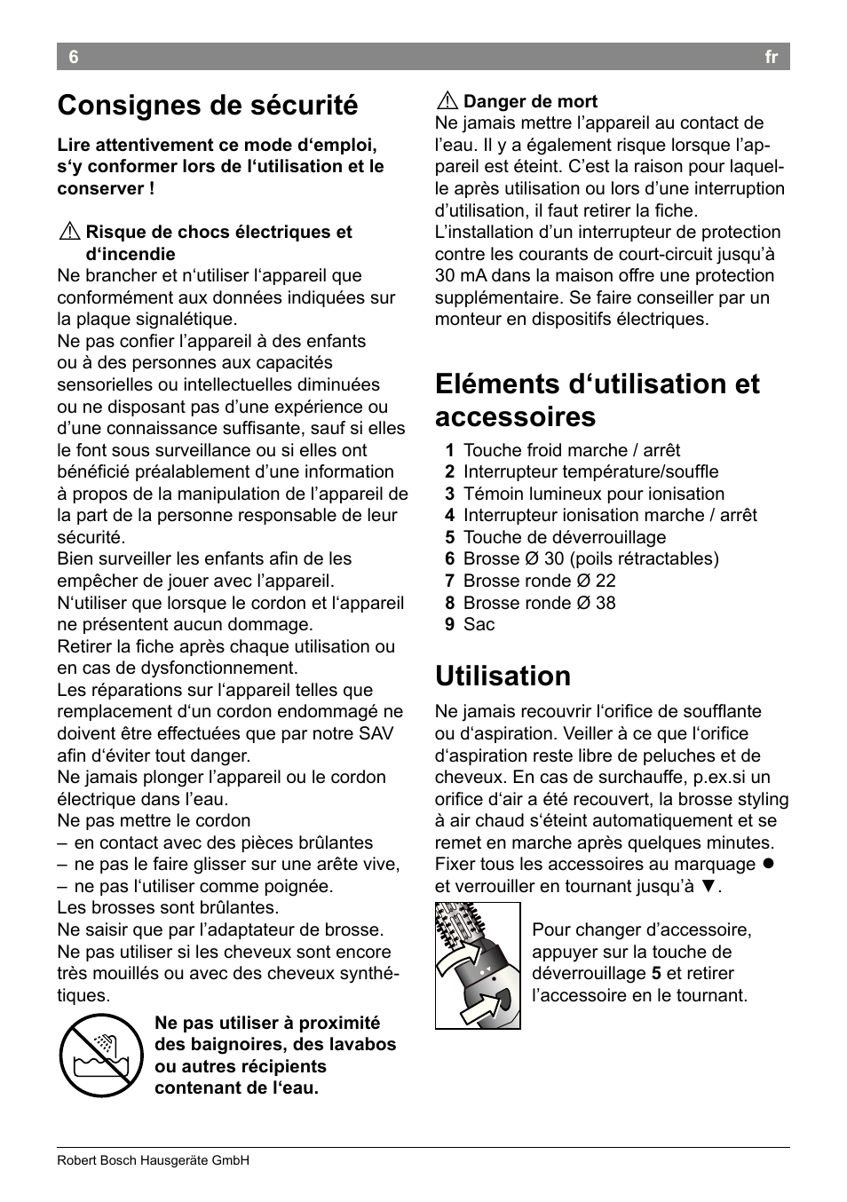 Eléments d‘utilisation et accessoires, Utilisation, Consignes de sécurité | Bosch PHA2662 Warmluftstylingbürste volume curl User Manual | Page 8 / 50