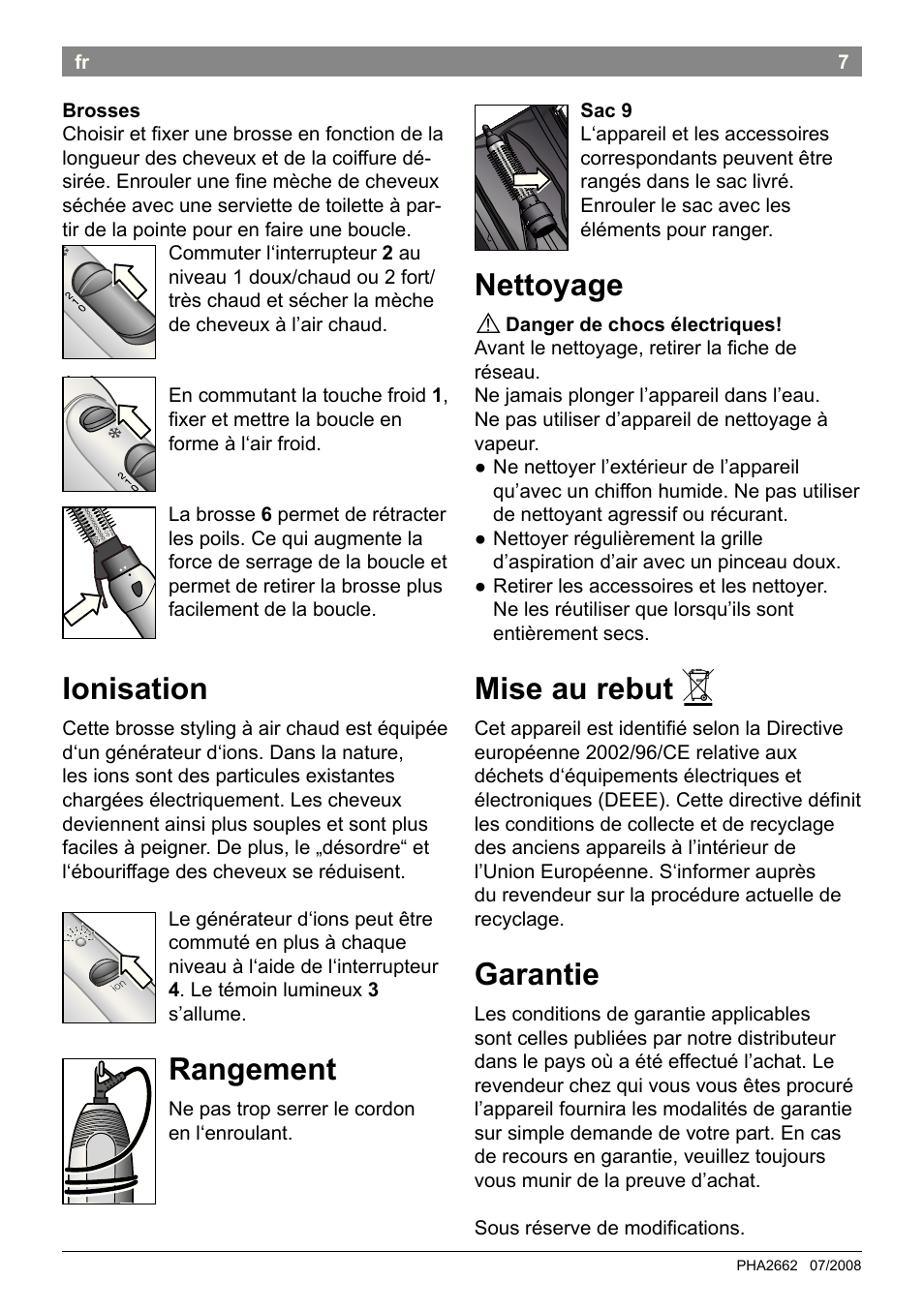 Ionisation, Rangement, Nettoyage | Mise au rebut, Garantie | Bosch PHA2662 Warmluftstylingbürste volume curl User Manual | Page 9 / 50