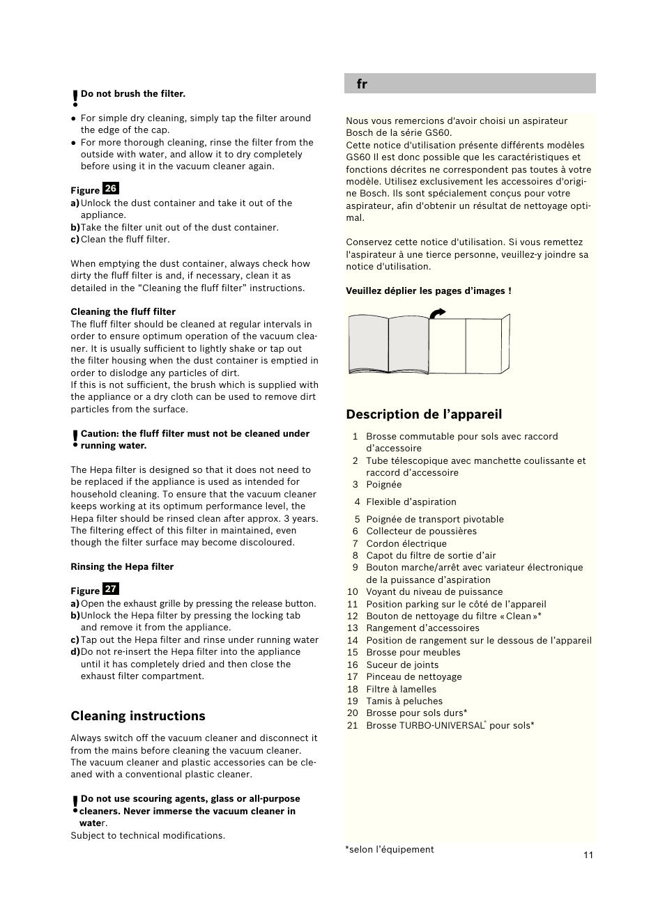 Cleaninginstructions, Descriptiondel’appareil | Bosch Roxx´x HomeProfessional Beutelloser Bodenstaubsauger BGS6PRO2 titanium User Manual | Page 11 / 117