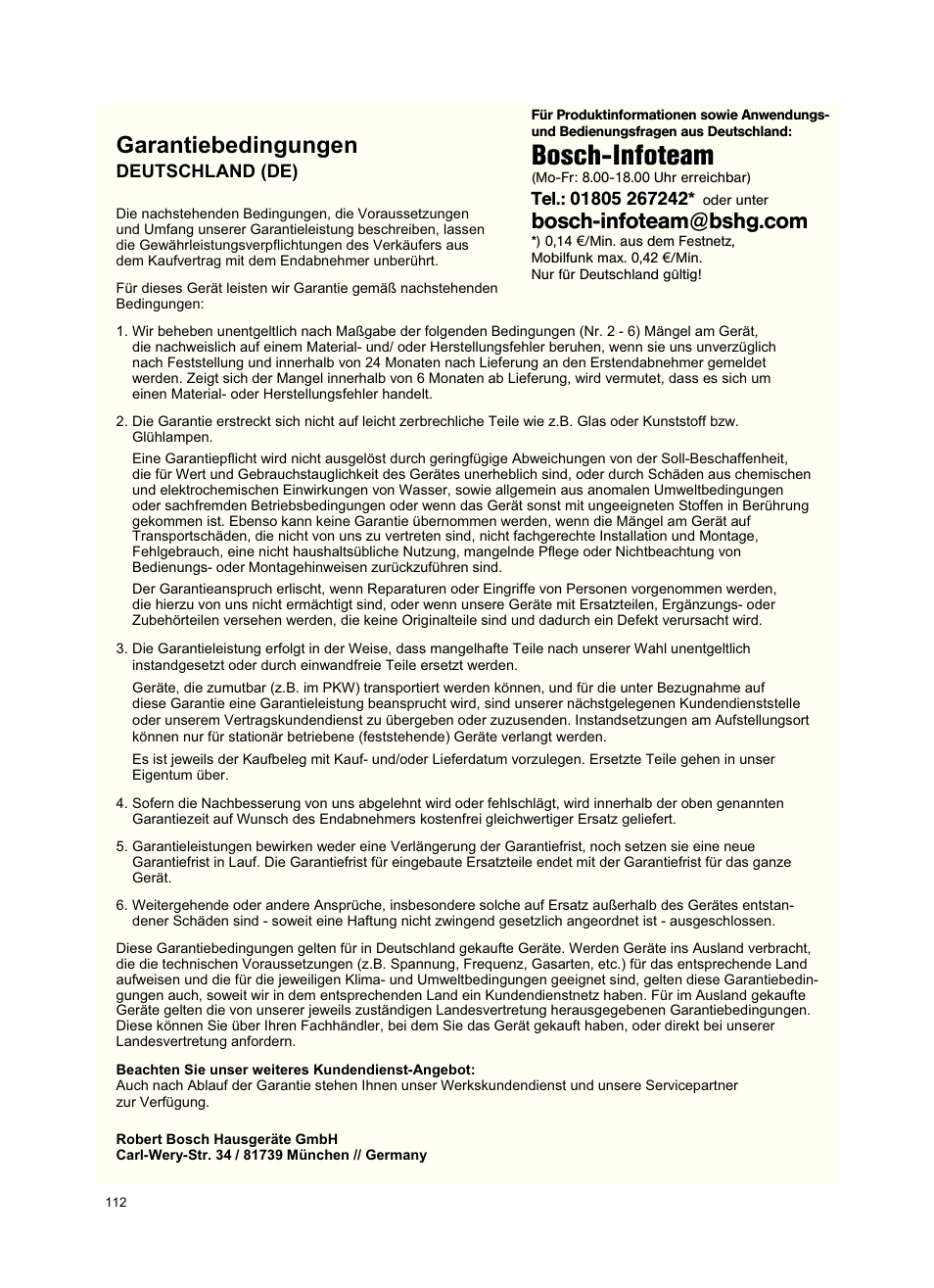 Bosch-infoteam, Garantiebedingungen | Bosch Roxx´x HomeProfessional Beutelloser Bodenstaubsauger BGS6PRO2 titanium User Manual | Page 112 / 117