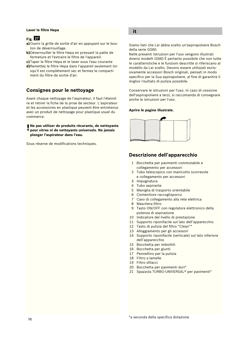 Consignespourlenettoyage, Descrizionedell’apparecchio | Bosch Roxx´x HomeProfessional Beutelloser Bodenstaubsauger BGS6PRO2 titanium User Manual | Page 16 / 117