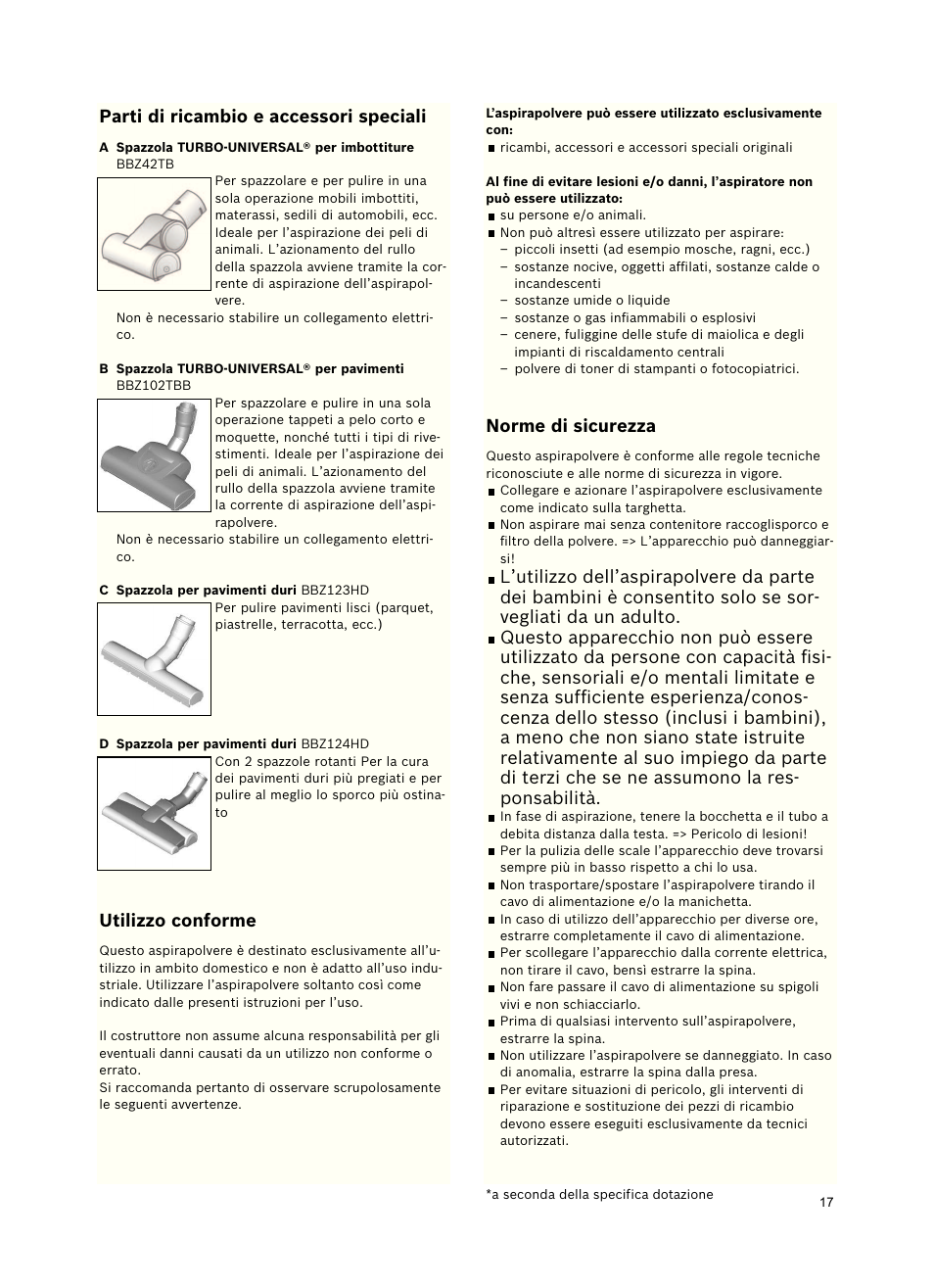 Partidiricambioeaccessorispeciali, Utilizzoconforme, Normedisicurezza | Bosch Roxx´x HomeProfessional Beutelloser Bodenstaubsauger BGS6PRO2 titanium User Manual | Page 17 / 117