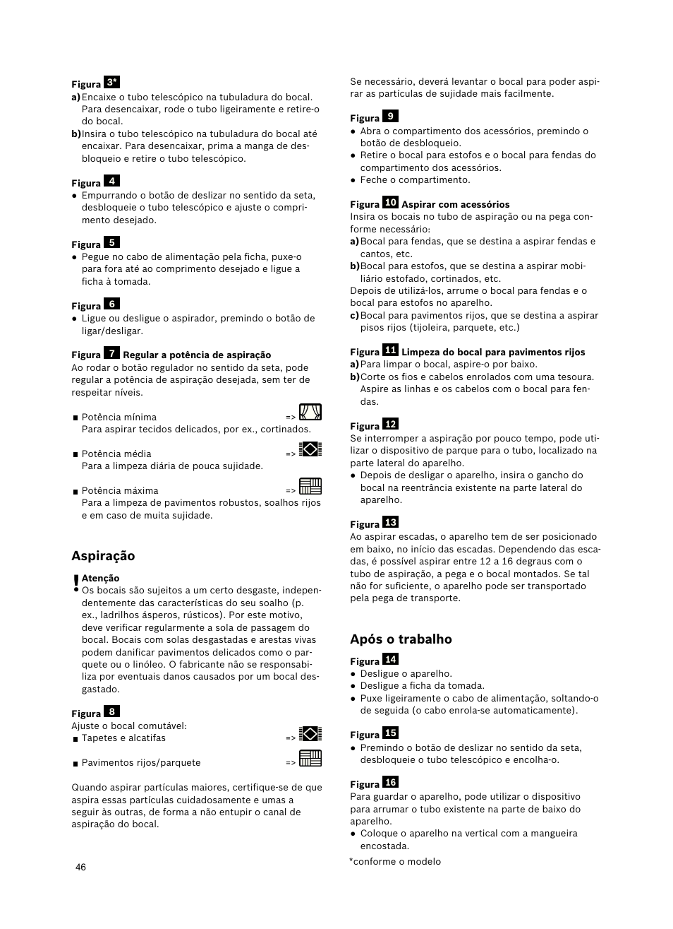 Aspiração, Apósotrabalho | Bosch Roxx´x HomeProfessional Beutelloser Bodenstaubsauger BGS6PRO2 titanium User Manual | Page 46 / 117