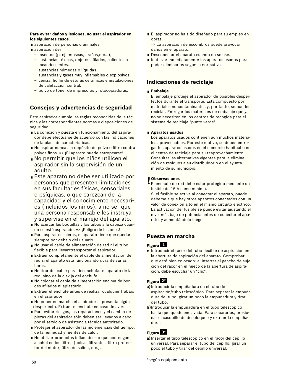 Consejosyadvertenciasdeseguridad, Indicacionesdereciclaje, Puestaenmarcha | Bosch Roxx´x HomeProfessional Beutelloser Bodenstaubsauger BGS6PRO2 titanium User Manual | Page 50 / 117