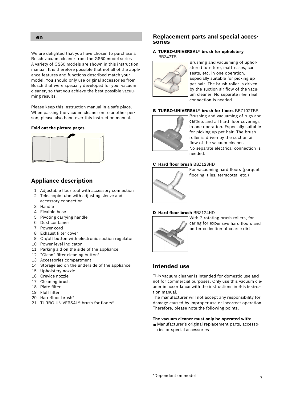 Replacementpartsandspecialacces- sories, Intendeduse, Appliancedescription | Bosch Roxx´x HomeProfessional Beutelloser Bodenstaubsauger BGS6PRO2 titanium User Manual | Page 7 / 117