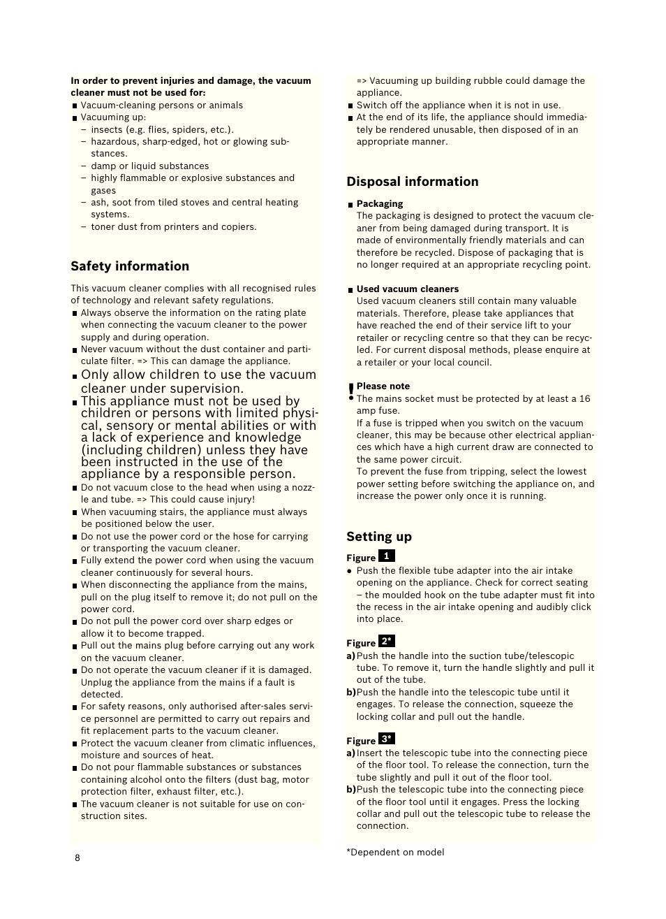 Safetyinformation, Disposalinformation, Settingup | Bosch Roxx´x HomeProfessional Beutelloser Bodenstaubsauger BGS6PRO2 titanium User Manual | Page 8 / 117