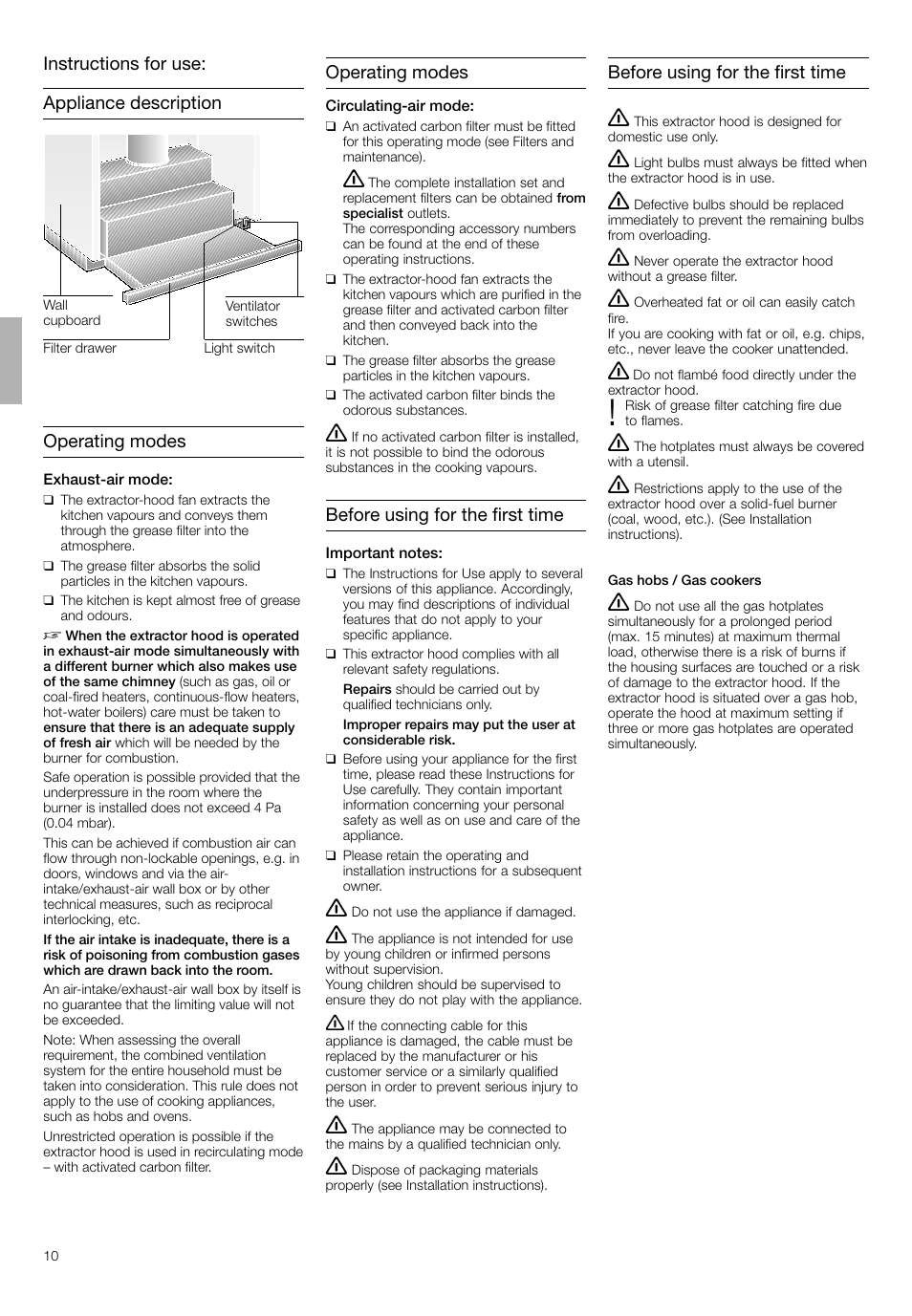 Appliance description operating modes, Instructions for use, Operating modes | Before using for the first time | Bosch DHI645H grau-metallic Flachschirmhaube 60 cm User Manual | Page 10 / 40