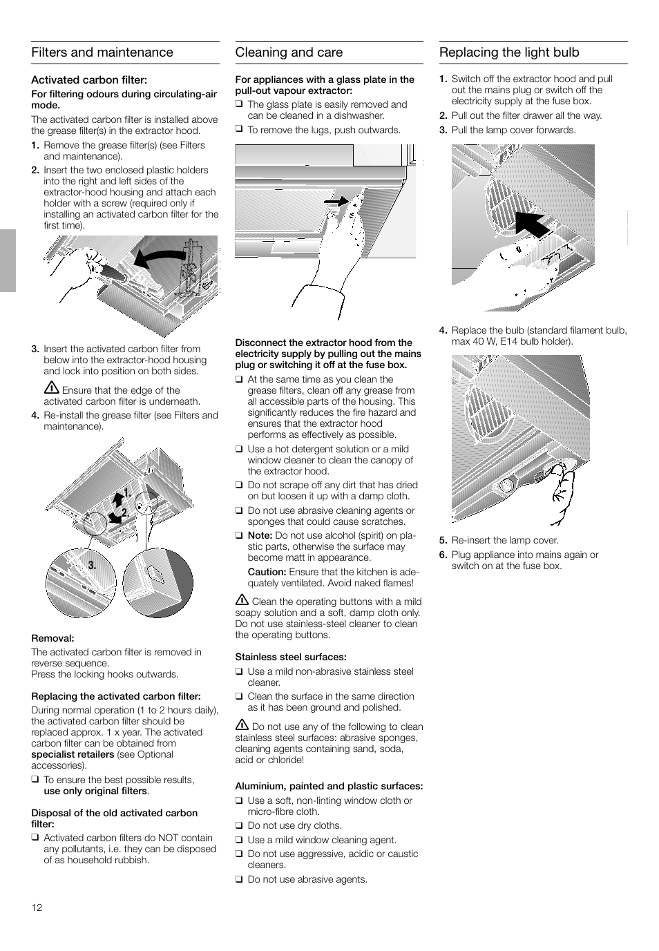 Filters and maintenance, Cleaning and care, Replacing the light bulb | Bosch DHI645H grau-metallic Flachschirmhaube 60 cm User Manual | Page 12 / 40