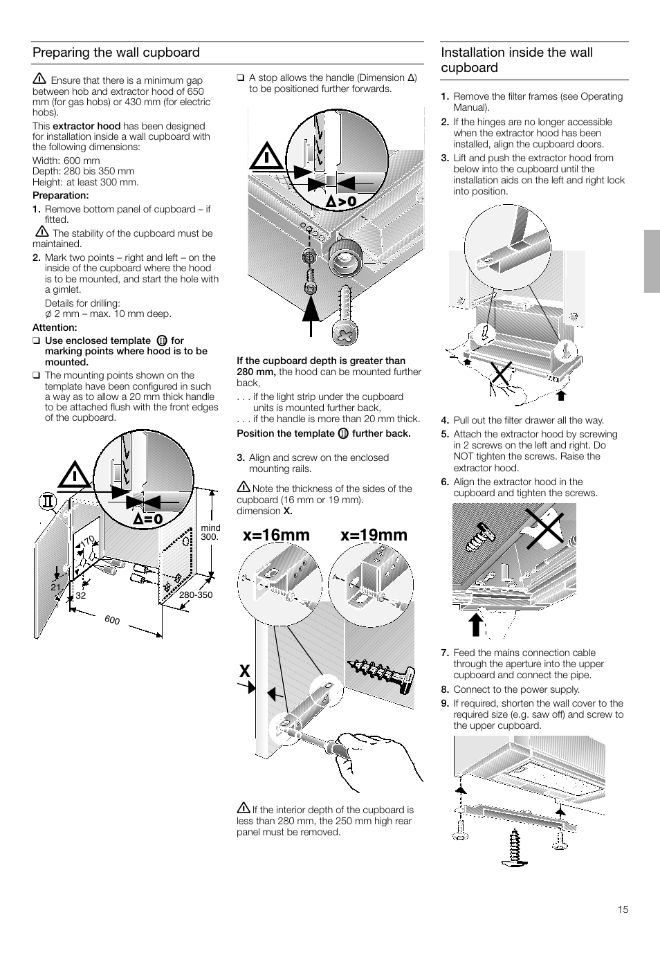 Xx=16mm x=19mm, Preparing the wall cupboard, Installation inside the wall cupboard | Bosch DHI645H grau-metallic Flachschirmhaube 60 cm User Manual | Page 15 / 40