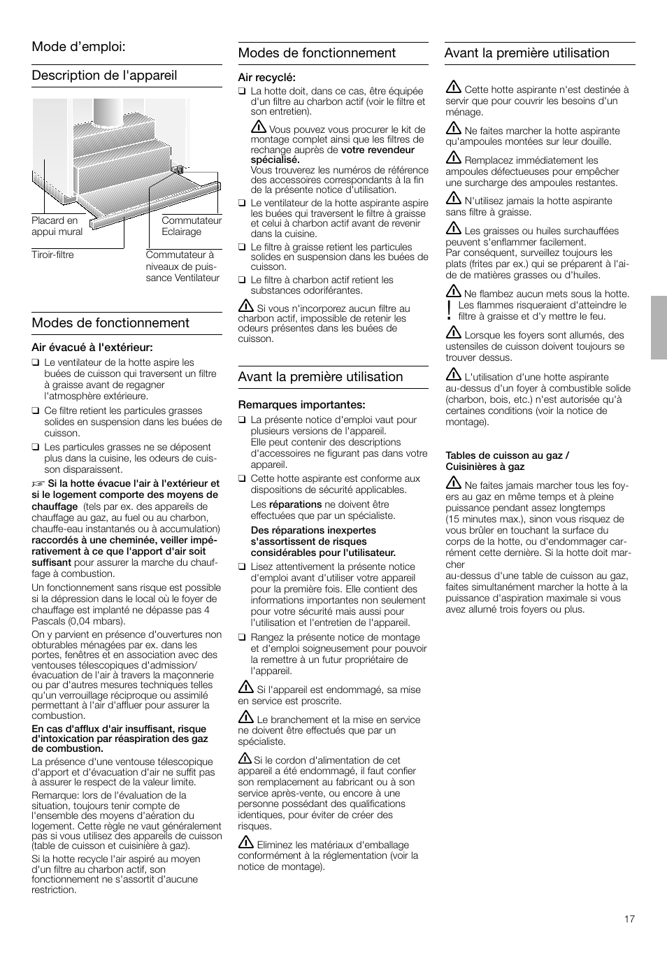 Description de l'appareil modes de fonctionnement, Mode d’emploi, Modes de fonctionnement | Avant la première utilisation | Bosch DHI645H grau-metallic Flachschirmhaube 60 cm User Manual | Page 17 / 40