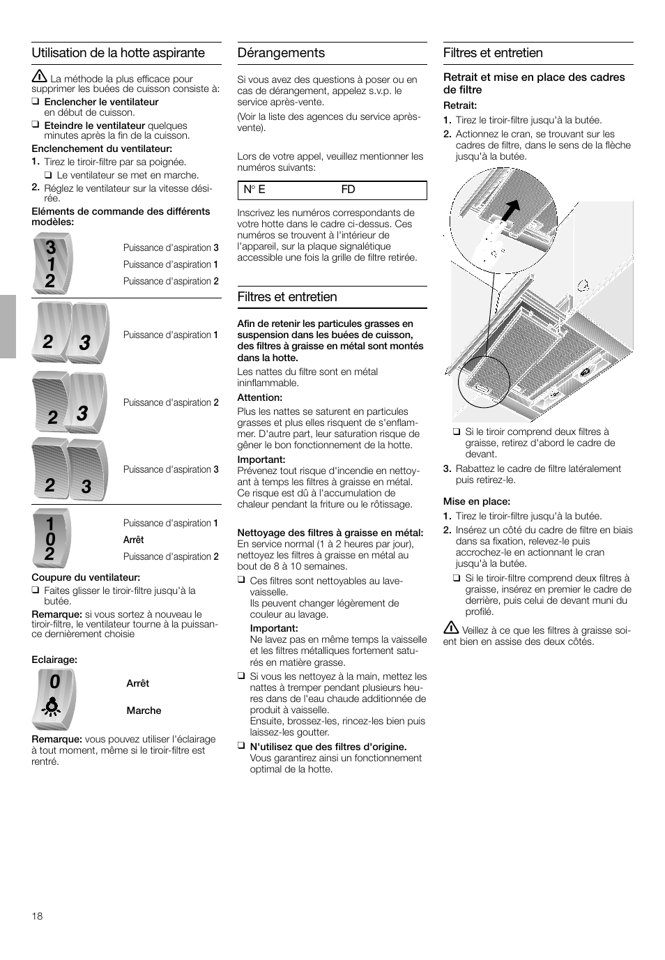 Utilisation de la hotte aspirante, Dérangements, Filtres et entretien | Bosch DHI645H grau-metallic Flachschirmhaube 60 cm User Manual | Page 18 / 40