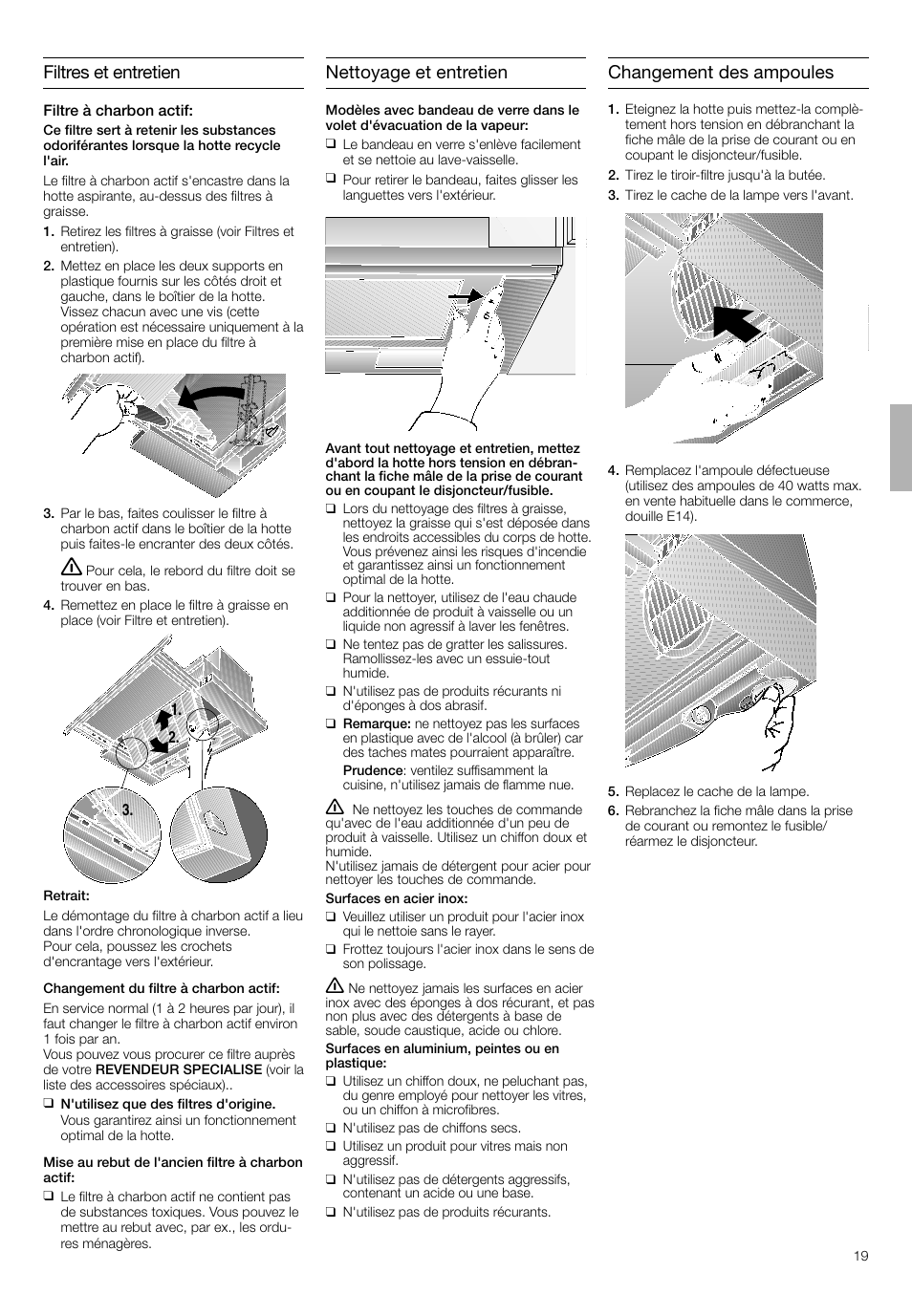 Filtres et entretien, Nettoyage et entretien, Changement des ampoules | Bosch DHI645H grau-metallic Flachschirmhaube 60 cm User Manual | Page 19 / 40