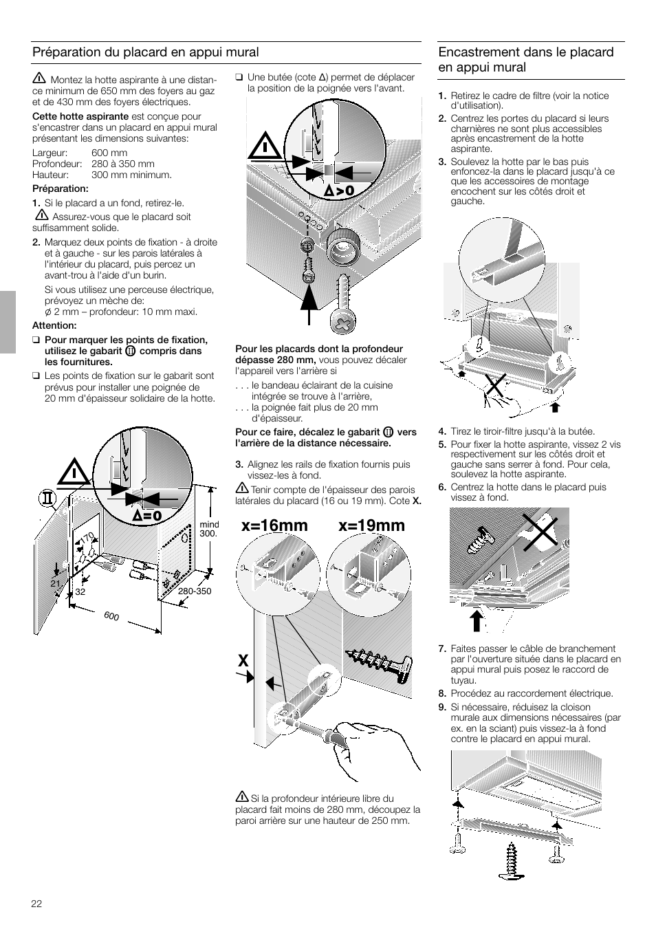 Xx=16mm x=19mm, Préparation du placard en appui mural, Encastrement dans le placard en appui mural | Bosch DHI645H grau-metallic Flachschirmhaube 60 cm User Manual | Page 22 / 40