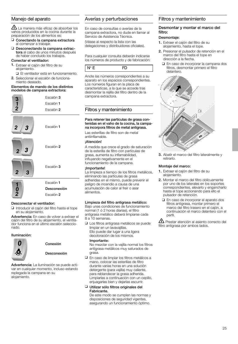 Manejo del aparato, Averías y perturbaciones, Filtros y mantenimiento | Bosch DHI645H grau-metallic Flachschirmhaube 60 cm User Manual | Page 25 / 40