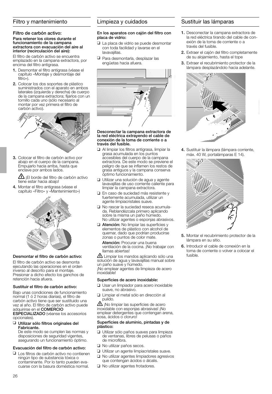 Filtro y mantenimiento, Limpieza y cuidados, Sustituir las lámparas | Bosch DHI645H grau-metallic Flachschirmhaube 60 cm User Manual | Page 26 / 40