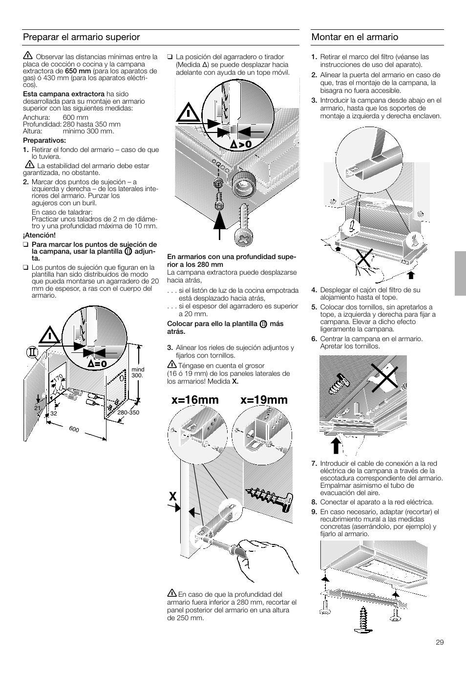 Xx=16mm x=19mm, Preparar el armario superior, Montar en el armario | Bosch DHI645H grau-metallic Flachschirmhaube 60 cm User Manual | Page 29 / 40