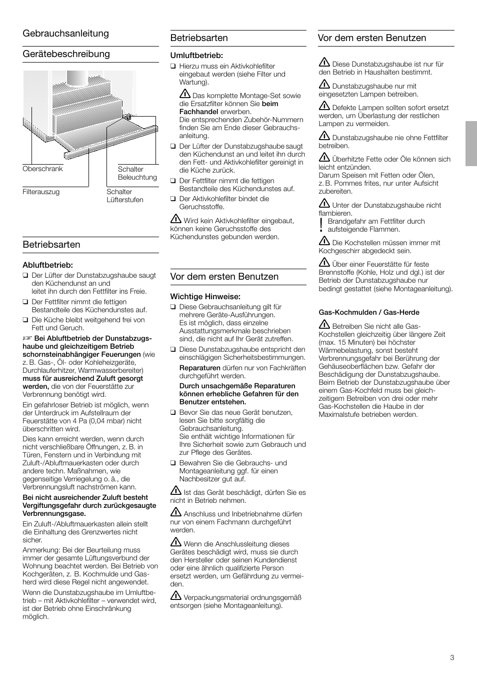 Betriebsarten, Vor dem ersten benutzen | Bosch DHI645H grau-metallic Flachschirmhaube 60 cm User Manual | Page 3 / 40