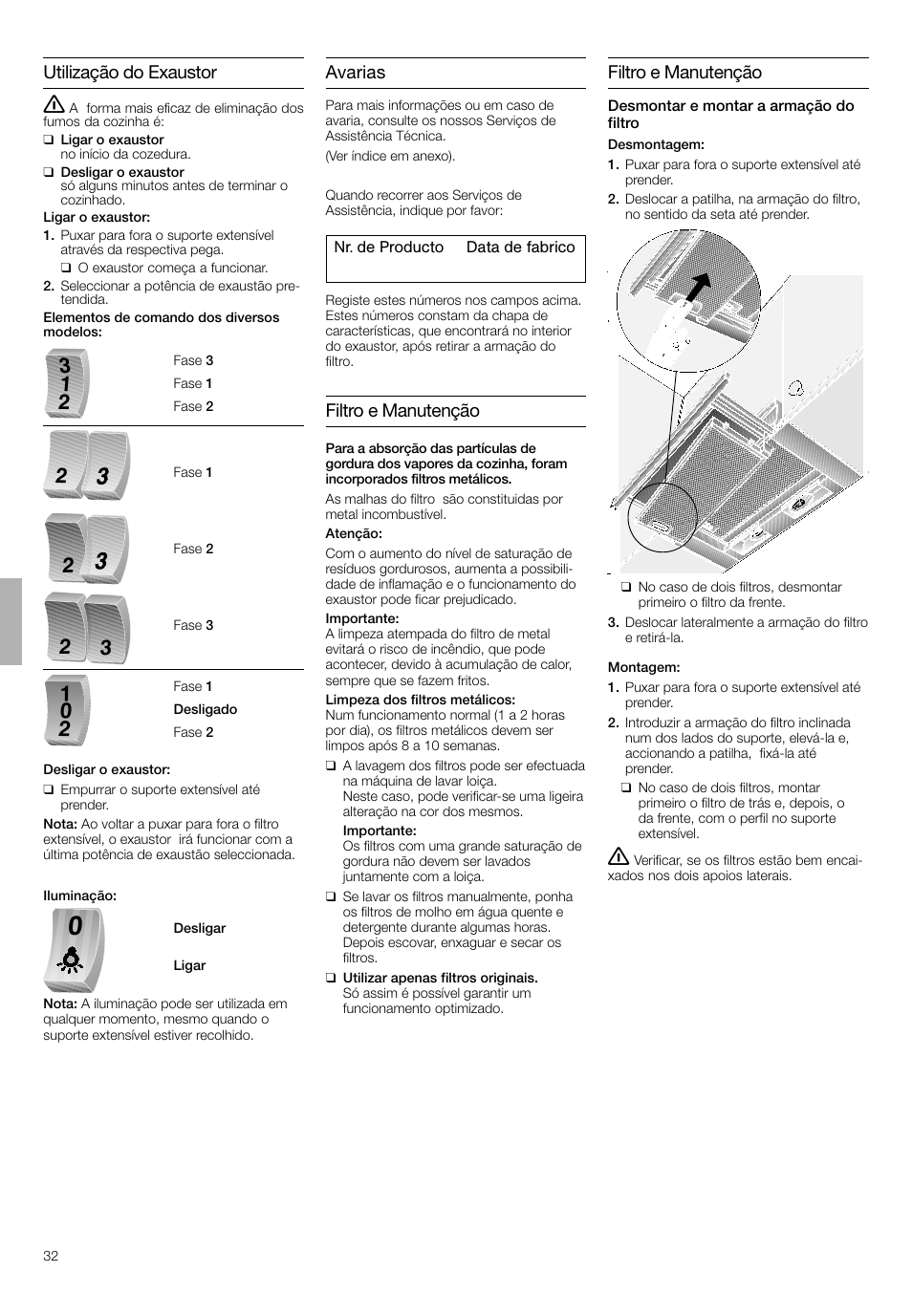 Utilização do exaustor, Avarias, Filtro e manutenção | Bosch DHI645H grau-metallic Flachschirmhaube 60 cm User Manual | Page 32 / 40