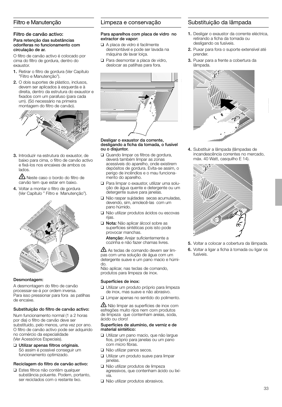 Filtro e manutenção, Limpeza e conservação, Substituição da lâmpada | Bosch DHI645H grau-metallic Flachschirmhaube 60 cm User Manual | Page 33 / 40