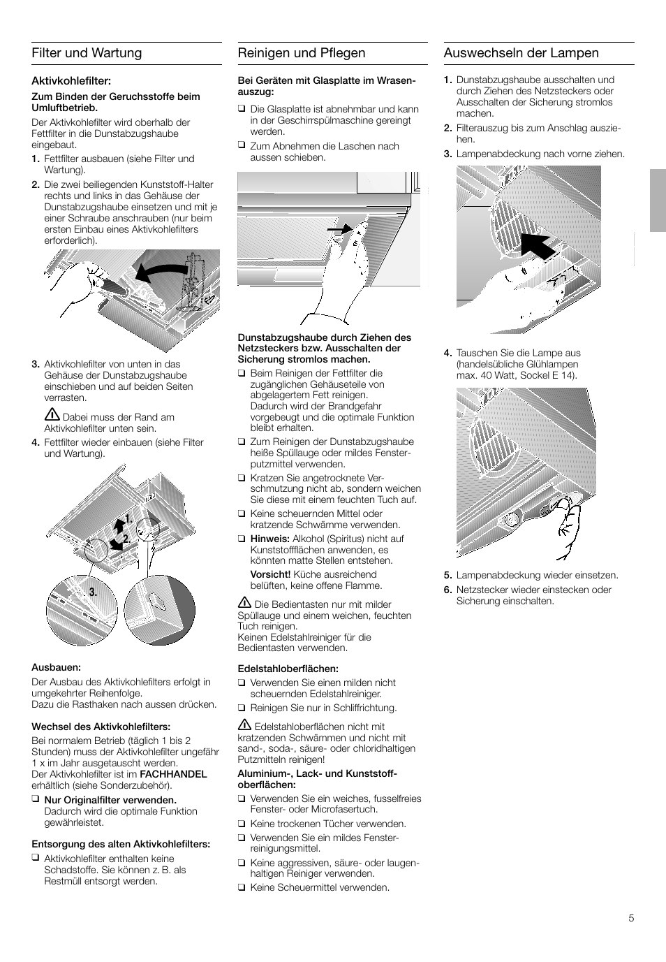 Filter und wartung, Reinigen und pflegen, Auswechseln der lampen | Bosch DHI645H grau-metallic Flachschirmhaube 60 cm User Manual | Page 5 / 40