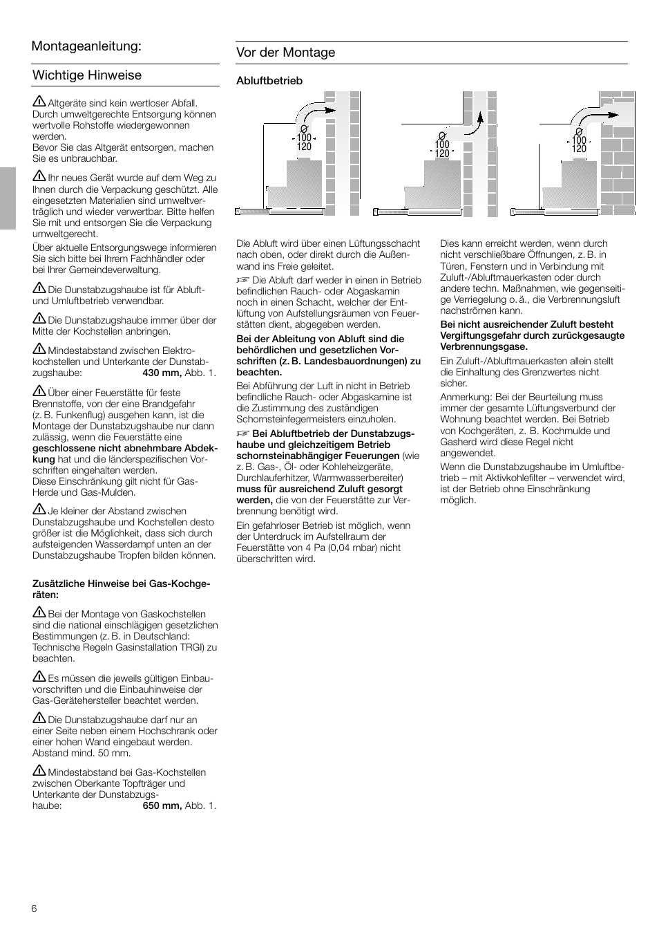 Montageanleitung: wichtige hinweise, Vor der montage | Bosch DHI645H grau-metallic Flachschirmhaube 60 cm User Manual | Page 6 / 40
