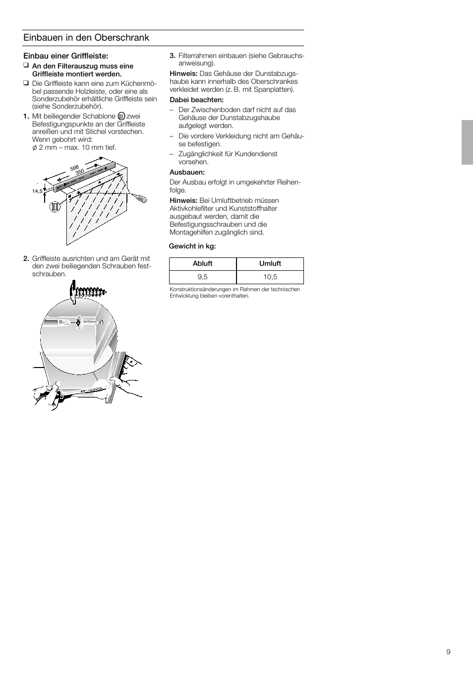 Einbauen in den oberschrank | Bosch DHI645H grau-metallic Flachschirmhaube 60 cm User Manual | Page 9 / 40