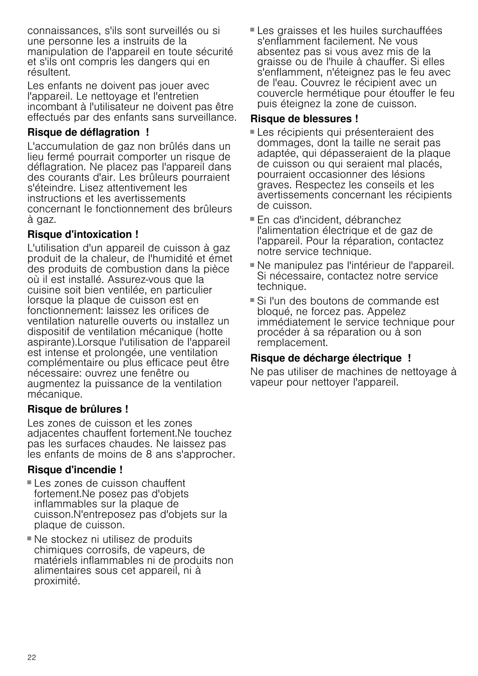 Risque de déflagration, Risque d'intoxication, Risque de brûlures | Risque d'incendie, Risque de blessures, Risque de décharge électrique | Bosch PCQ875B21E Gas-Kochstelle Edelstahl 75 cm User Manual | Page 22 / 52