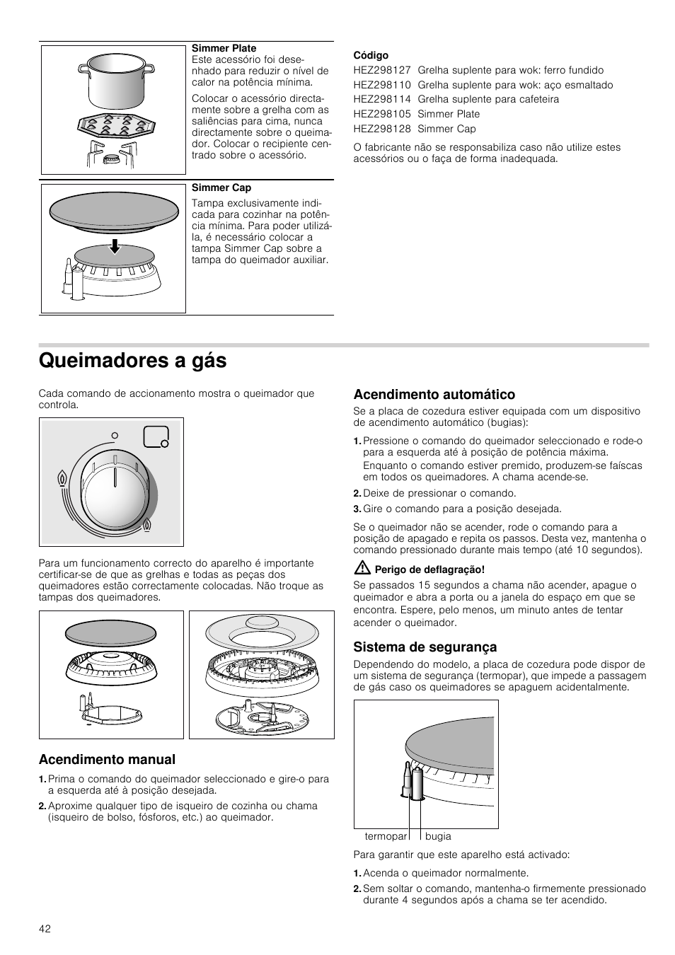 Código, Queimadores a gás, Acendimento manual | Acendimento automático, Deixe de pressionar o comando, Gire o comando para a posição desejada, Perigo de deflagração, Sistema de segurança, Acenda o queimador normalmente | Bosch PCQ875B21E Gas-Kochstelle Edelstahl 75 cm User Manual | Page 42 / 52