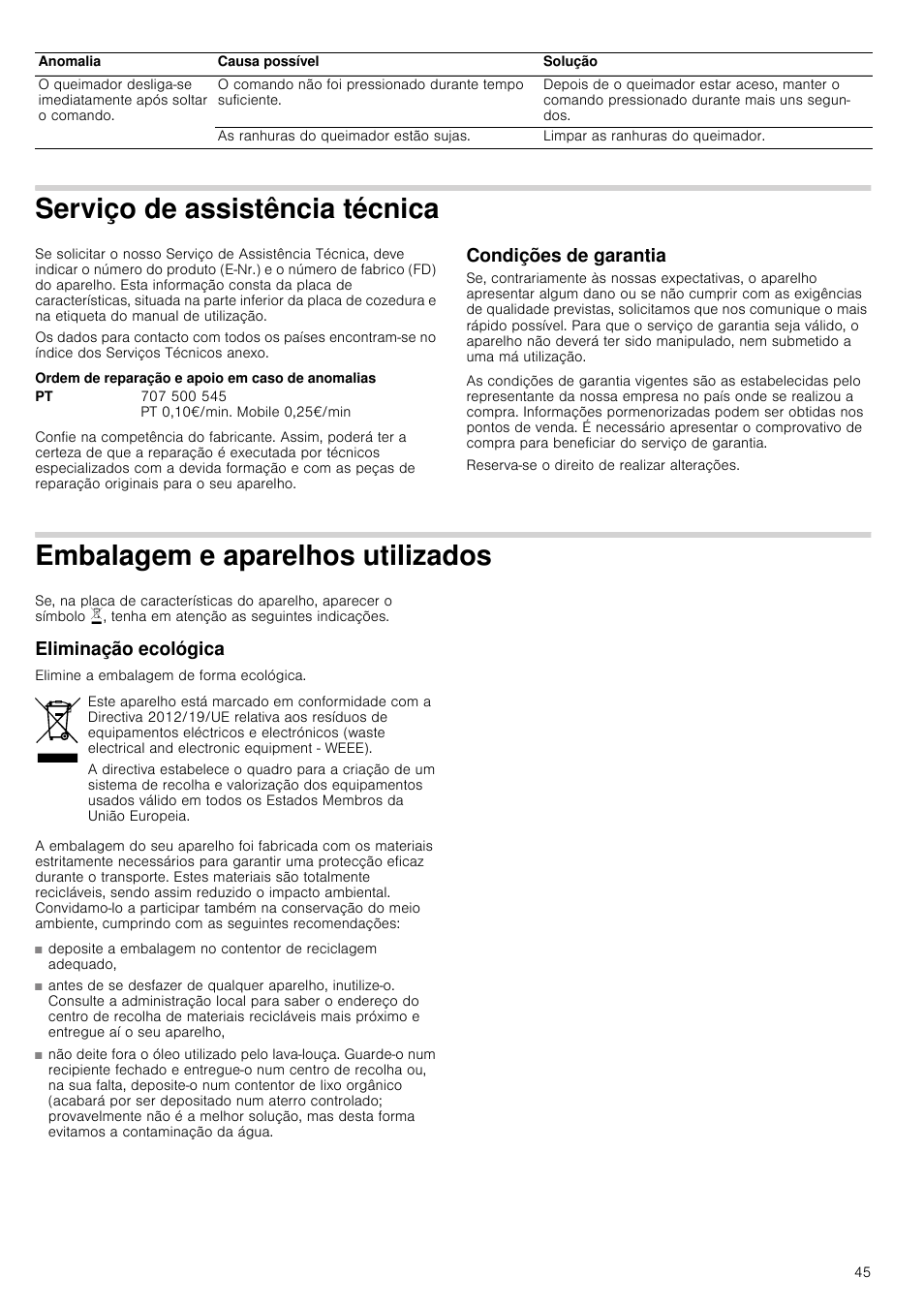 Serviço de assistência técnica, Ordem de reparação e apoio em caso de anomalias, Condições de garantia | Reserva-se o direito de realizar alterações, Embalagem e aparelhos utilizados, Eliminação ecológica | Bosch PCQ875B21E Gas-Kochstelle Edelstahl 75 cm User Manual | Page 45 / 52