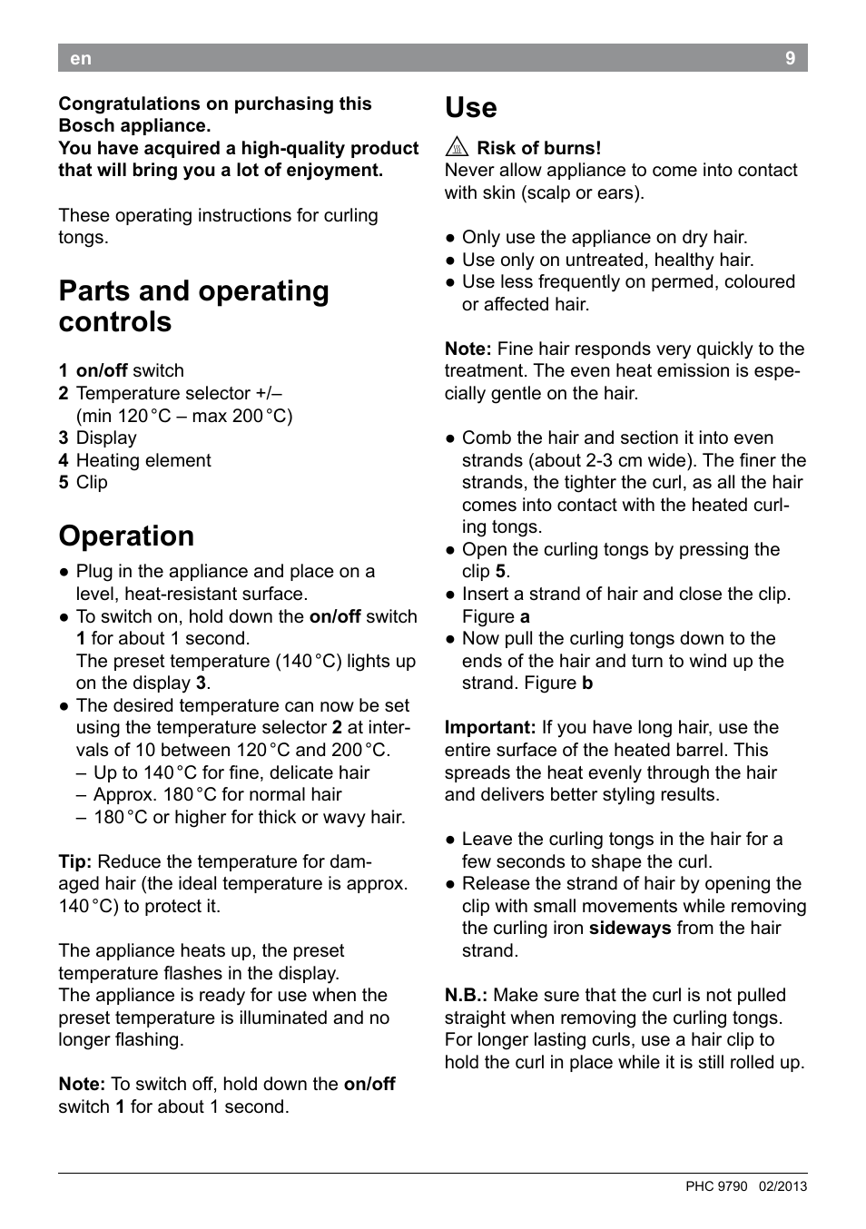 Parts and operating controls, Operation | Bosch PHC9790 Lockenstab ProSalon Big Hair User Manual | Page 11 / 108